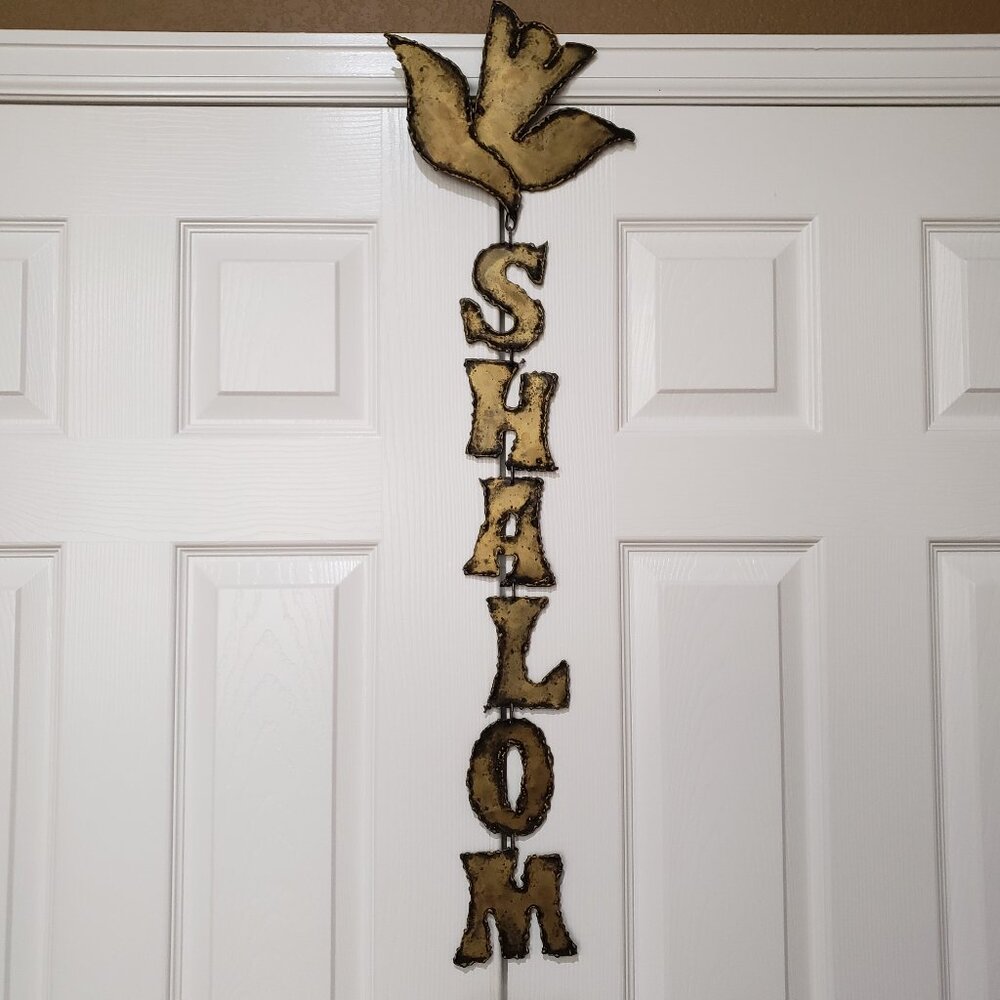 Vintage Sheet Torch Cut Metal SHALOM Brutalist Style Hanging Sculpture 35" Long